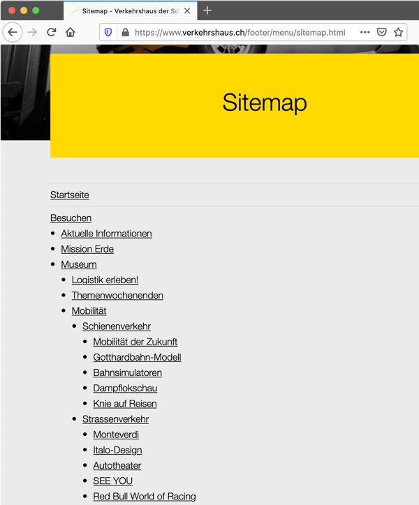 Screenshot der HTML-Sitemap der Website des Verkehrshauses Luzern