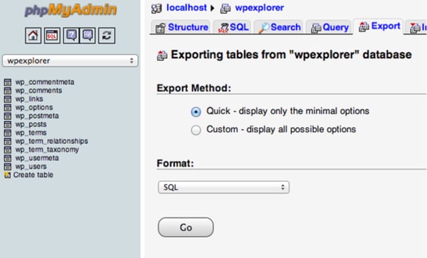 Export der Datenbank bei WordPress-Migration