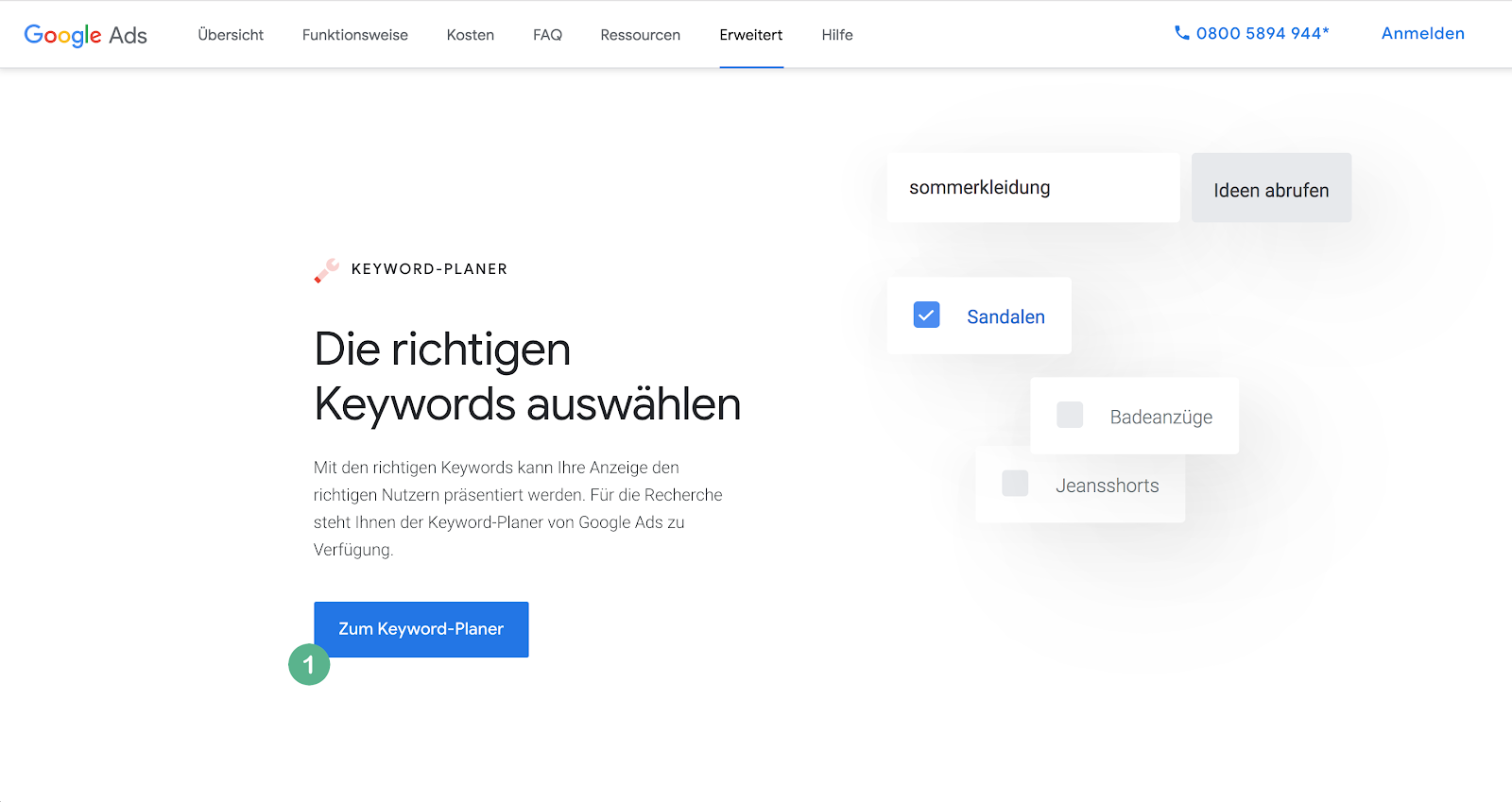 Startseite des Google Keyword Planner